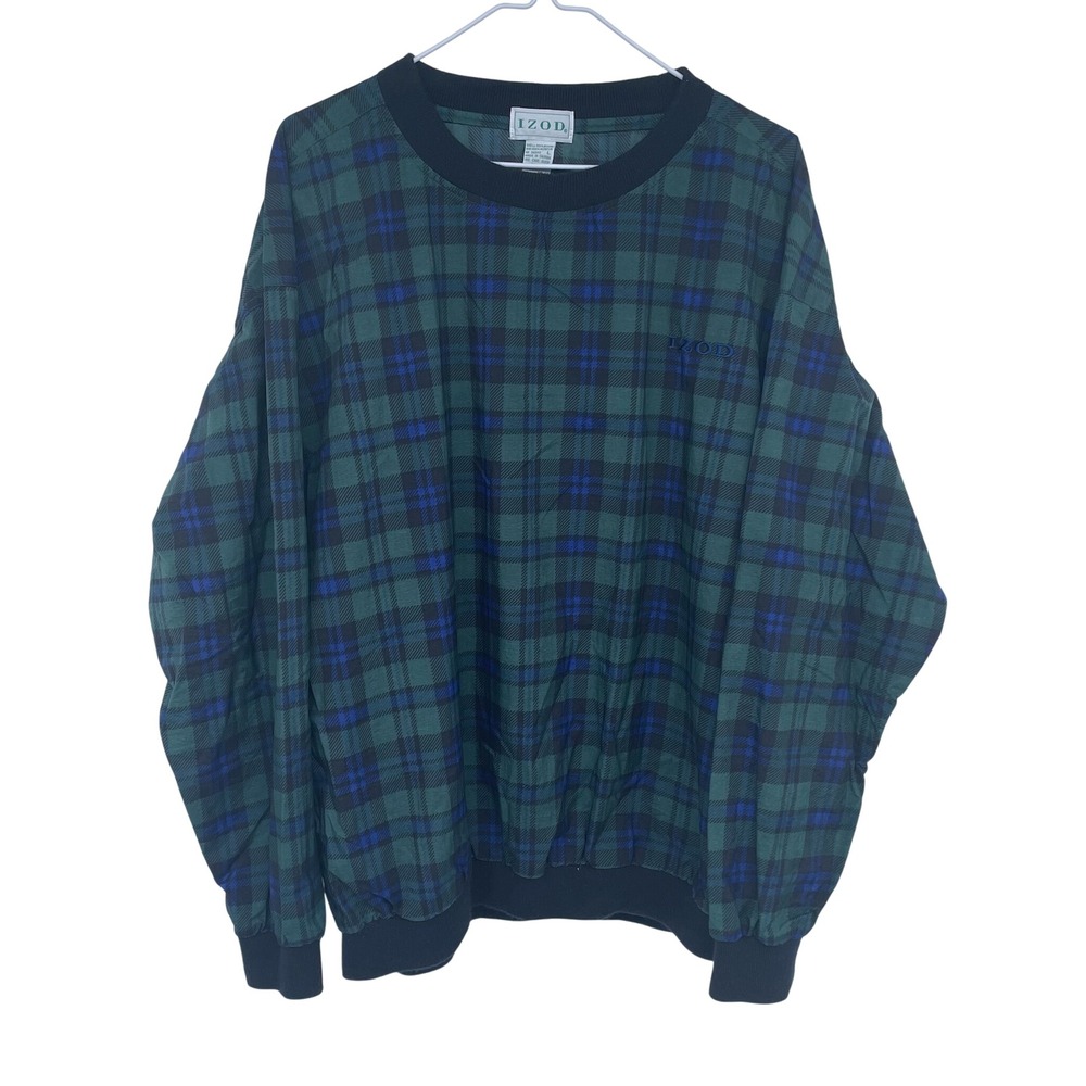 Vintage 90s IZOD Mens Plaid Pullover Windbreaker Green Blue‎ Large Golf Golfing